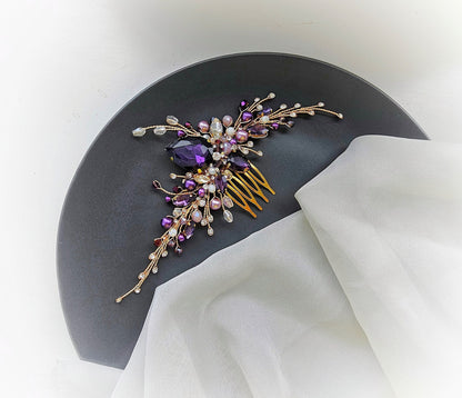 Purple Crystal Wedding Hair Comb: Handmade Violet Bridal Hairpiece