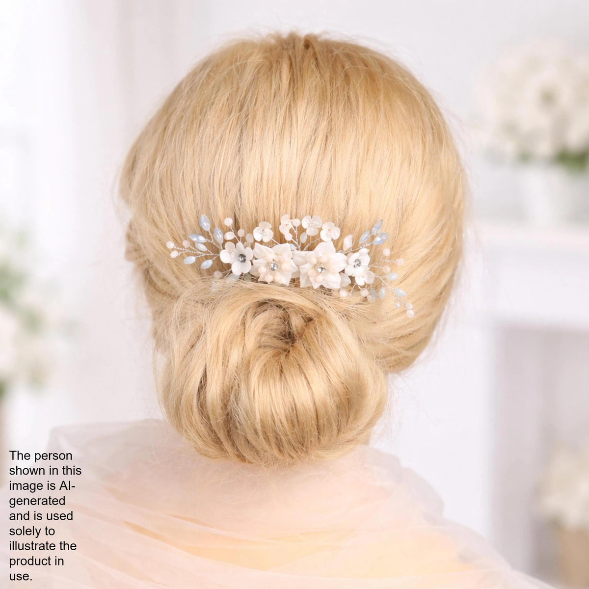 A close-up of a woman's blonde hair with a decorative hair accessory featuring white flowers.