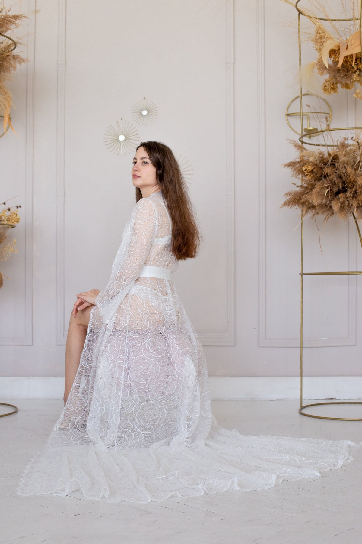 Sheer Lace Bridal Robe with Train, Romantic Wedding Lingerie Honeymoon Outfit