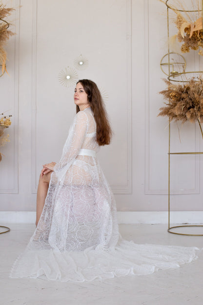 Sheer Lace Bridal Robe with Train, Romantic Wedding Lingerie Honeymoon Outfit