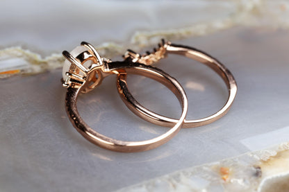 Rainbow Moonstone Engagement Ring Set: Rose Gold Plated Sterling Silver