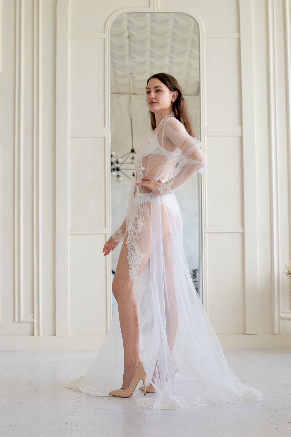 Long Lace Bridal Robe with Train, Sheer Tulle Wedding Cover Up