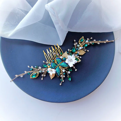 Gold Emerald Butterfly Wedding Hair Comb, Crystal Flower Bridal Accessory, 7 Inch