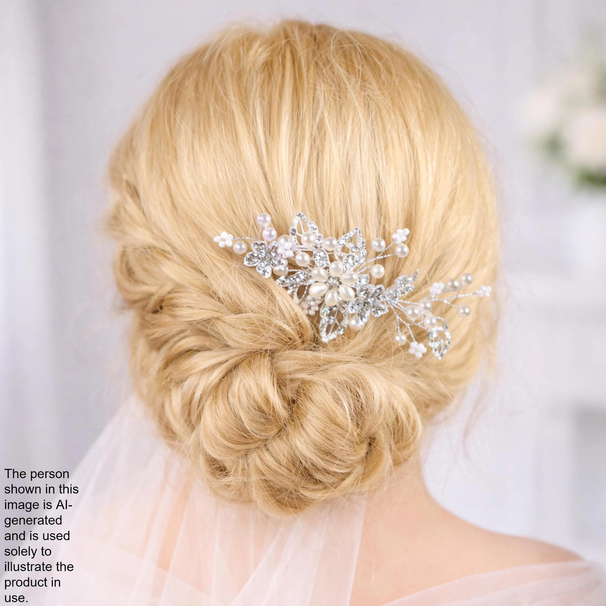 A close-up view of a woman's blonde hair styled in a bun, adorned with a decorative hair accessory featuring small, sparkling stones.