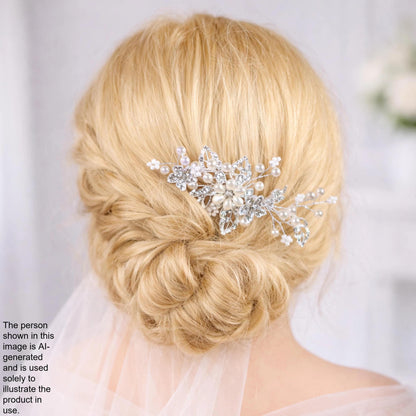 A close-up view of a woman's blonde hair styled in a bun, adorned with a decorative hair accessory featuring small, sparkling stones.