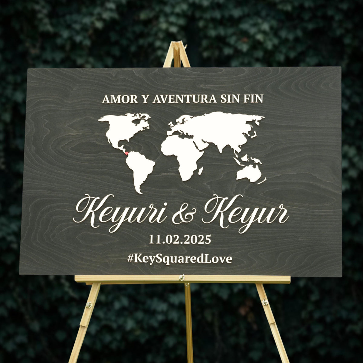 a wooden sign with a world map and text, standing on a wooden stand.