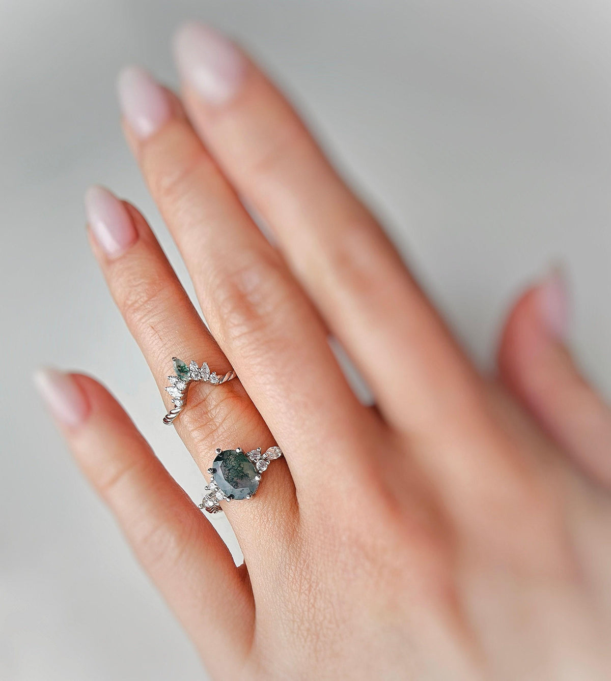 Moss Agate Engagement Ring Set: Sterling Silver Crown Tiara Wedding Band
