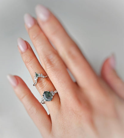 Moss Agate Engagement Ring Set: Sterling Silver Crown Tiara Wedding Band