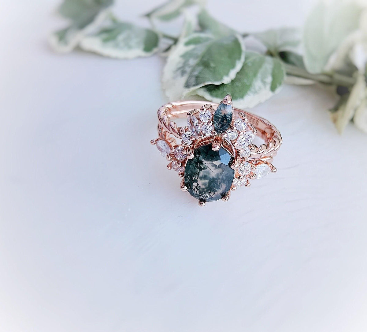 Moss Agate Engagement Ring Set: Rose Gold Plated Twisted 925 Silver Wedding Band