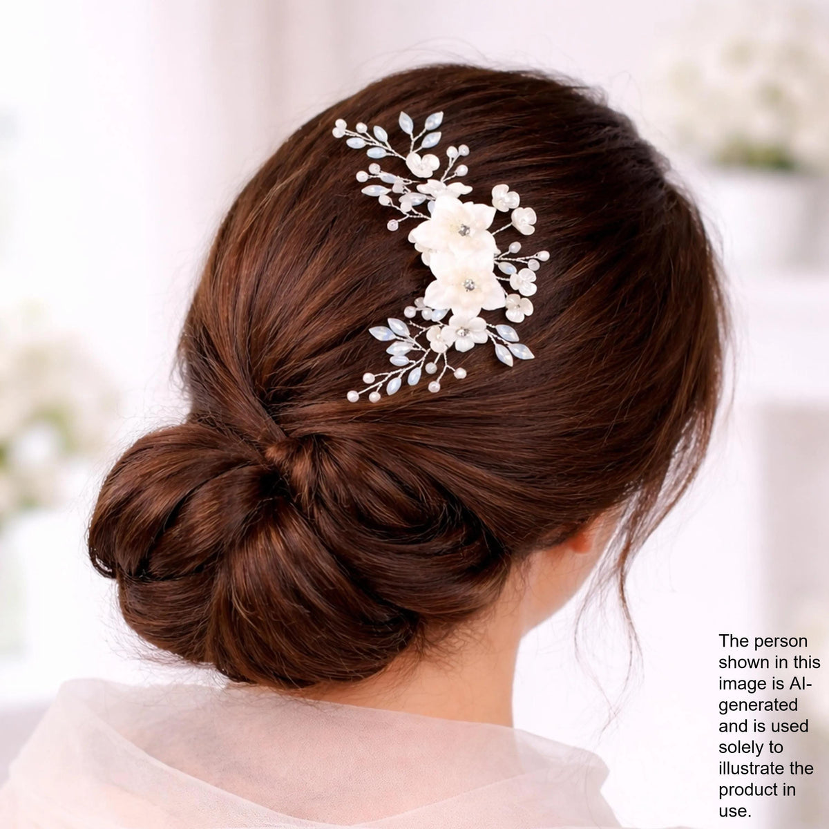a woman's back view with her hair styled in a bun, featuring a decorative hair accessory with white flowers.