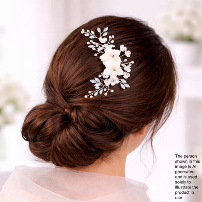 a woman's back view with her hair styled in a bun, featuring a decorative hair accessory with white flowers.