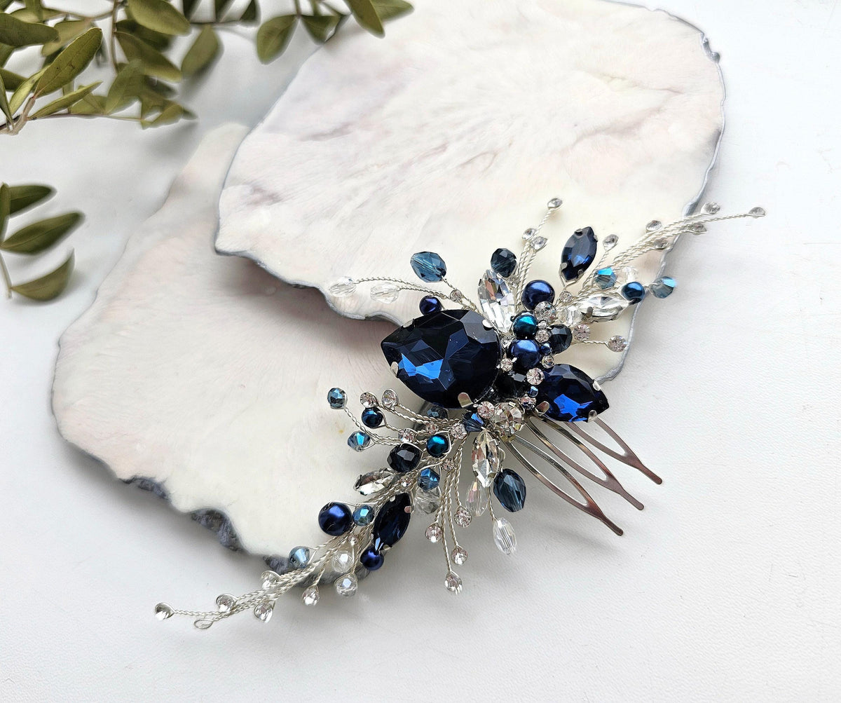 Navy Blue Crystal Wedding Hair Comb, Silver Bridal Hairpiece, 6 Inch