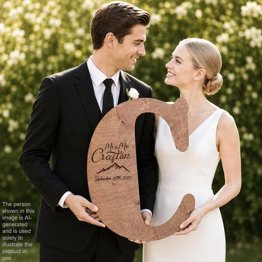 A man and a woman, presumably a bride and groom, are holding a large wooden letter 'C' and smiling at each other.