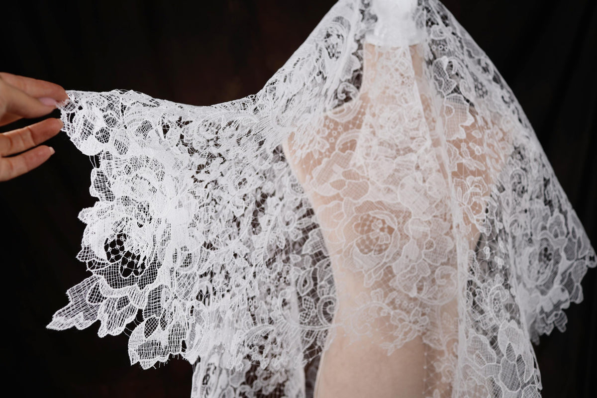 a woman wearing a white wedding veil with lace on it