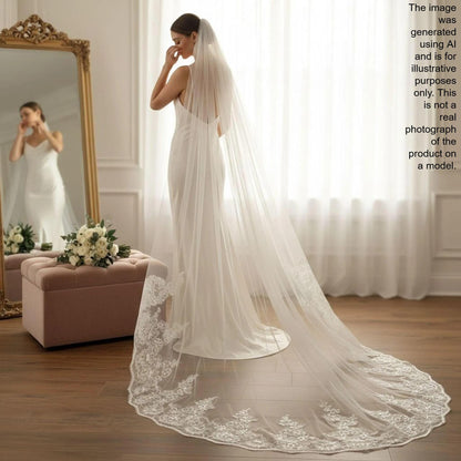A bride in a white wedding dress stands in front of a mirror, her long veil flowing behind her. She appears to be in the process of putting on her veil, with a bouquet of flowers nearby.