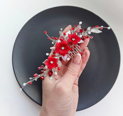 Red Floral Wedding Hair Comb. Elegant Bridal or Prom Hairpiece. Handmade Wedding Accessory for Brides & Bridesmaids