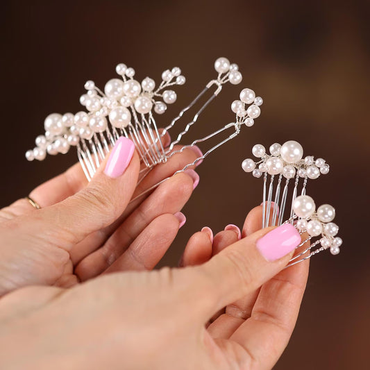 A close-up image of a person's hands holding a decorative hair accessory made of small white pearls and silver wire.