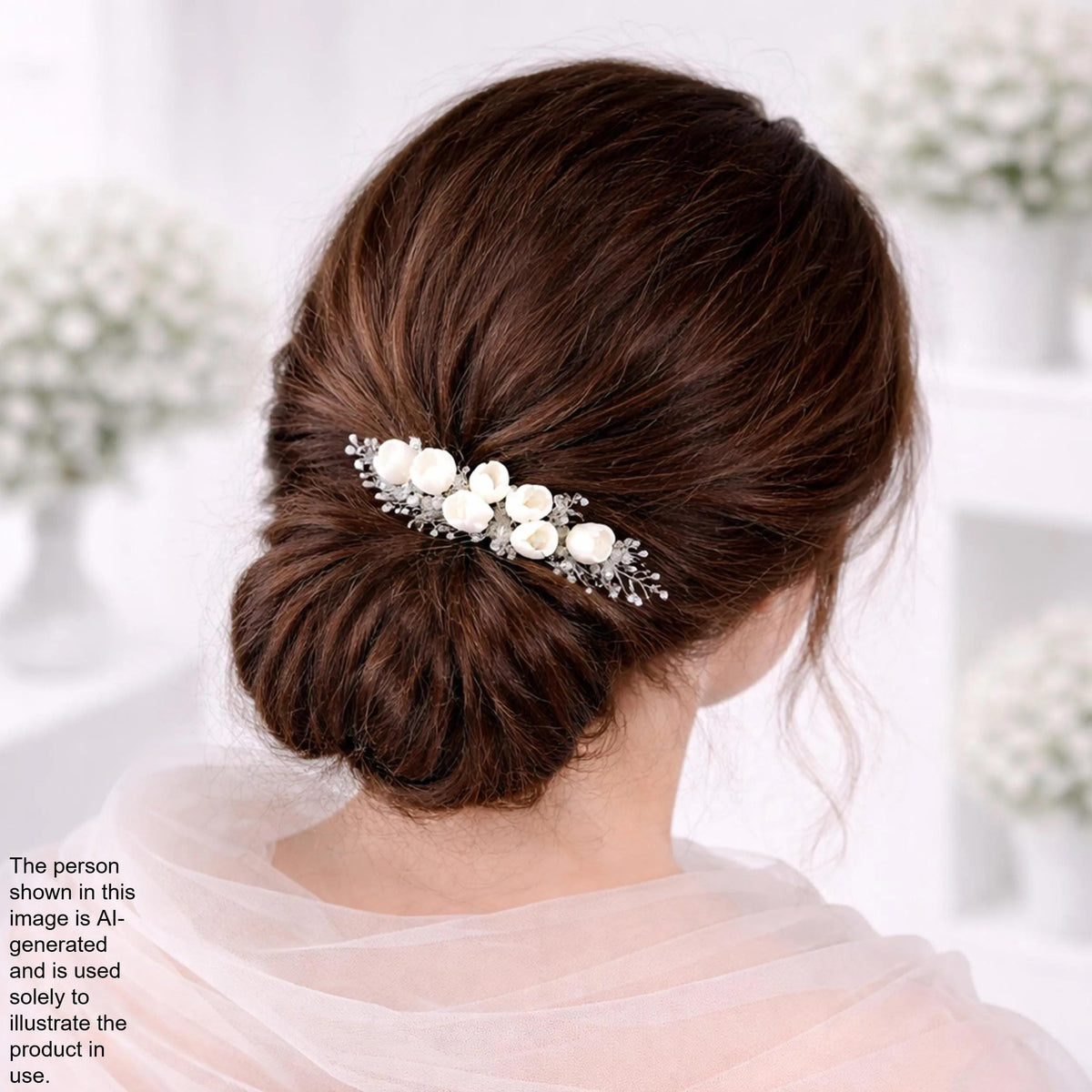 a woman's back view with her hair styled in a bun, adorned with a decorative hair accessory featuring white flowers.