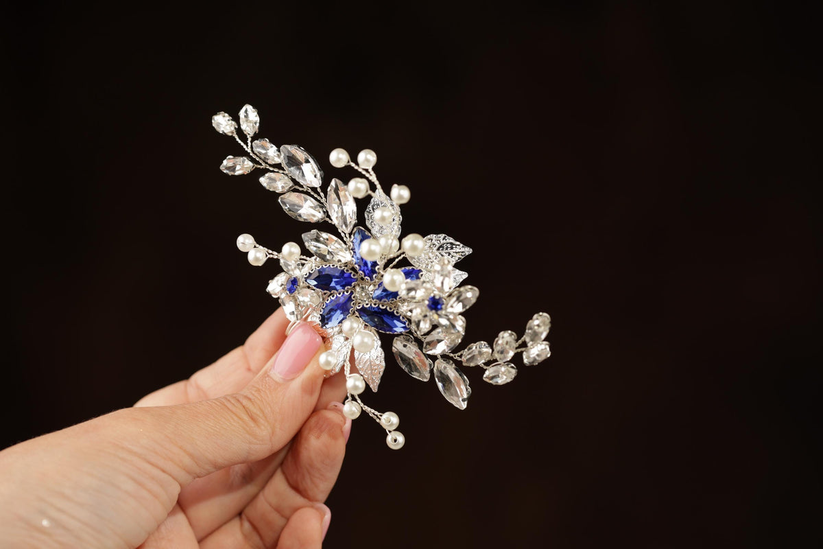 Blue Crystal Wedding Hair Comb, Silver Pearls & Rhinestone Bridal Hairpiece