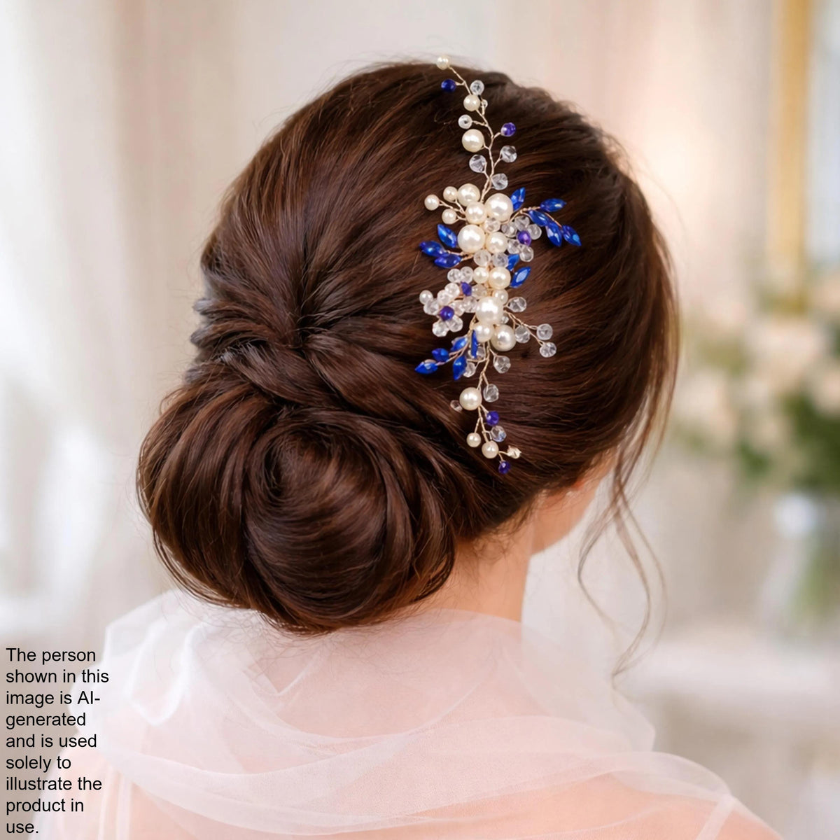 a woman's back view with her hair styled in a bun, adorned with a decorative hair accessory featuring blue and white elements.
