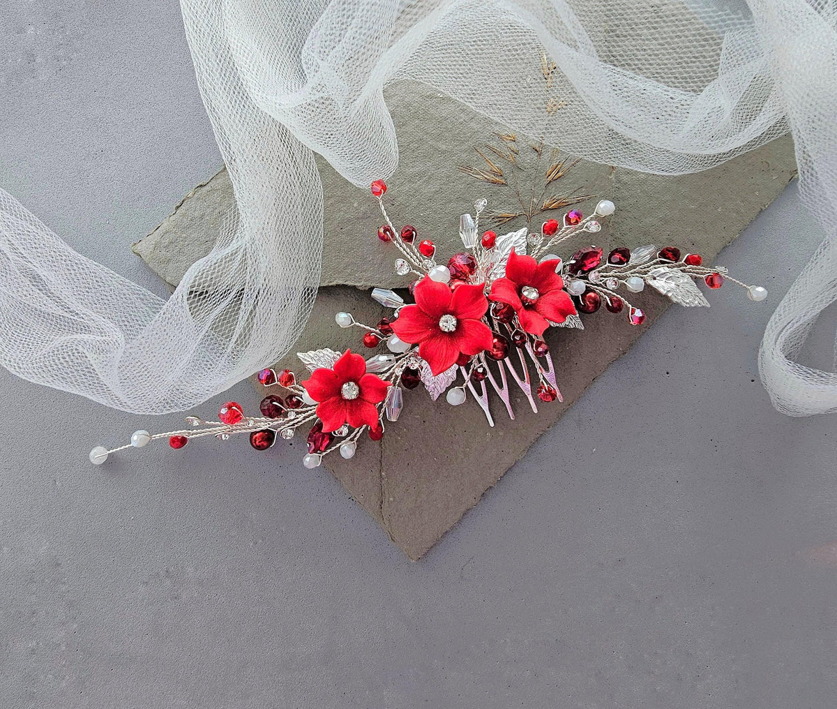Red Floral Wedding Hair Comb. Elegant Bridal or Prom Hairpiece. Handmade Wedding Accessory for Brides & Bridesmaids