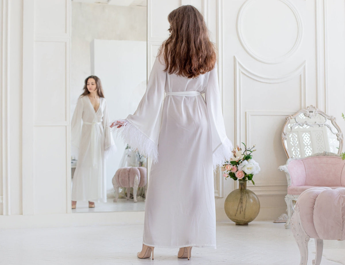 White Feather Bridal Robe, Italian Satin Wedding Kimono, Glamorous Honeymoon Gown