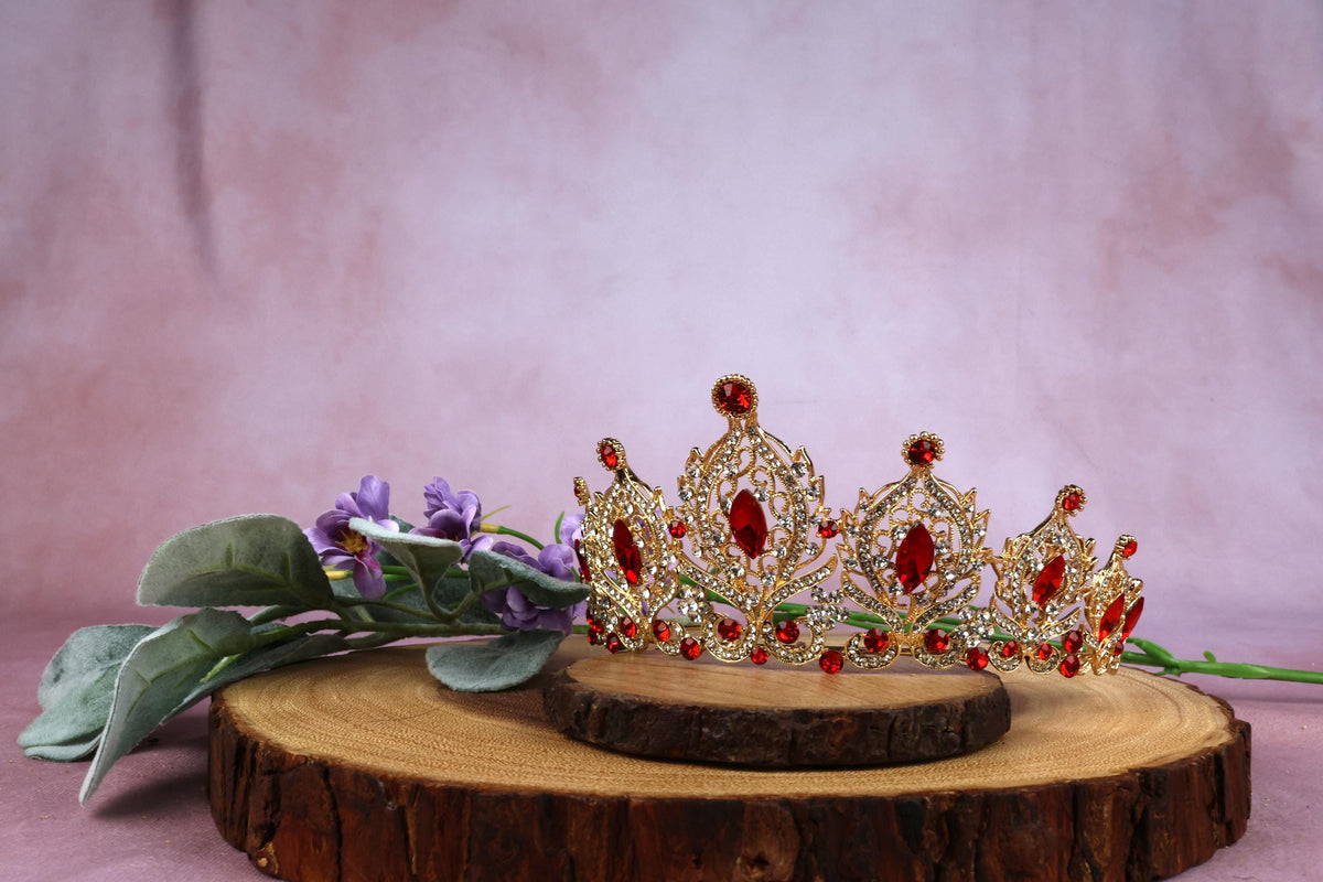 Gold Red Crystal Tiara, Oriental Inspired Bridal Crown, Rhinestone Prom Headpiece