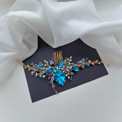 Blue & Purple Crystal Wedding Hair Comb, Gold Bridal Hairpiece, 6 Inch
