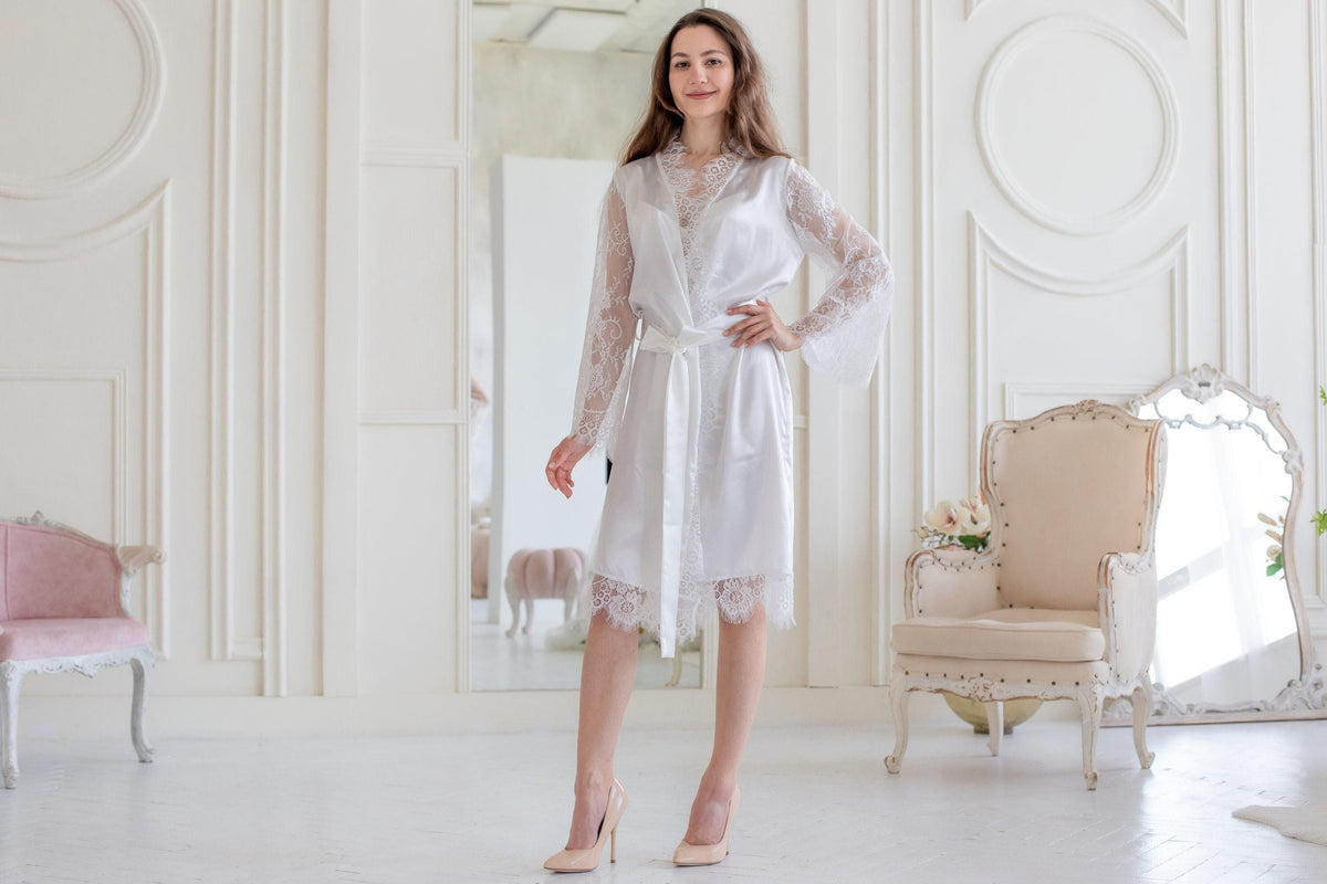 White Satin Bridal Robe, Long Lace Sleeves, Short Wedding Getting Ready Outfit