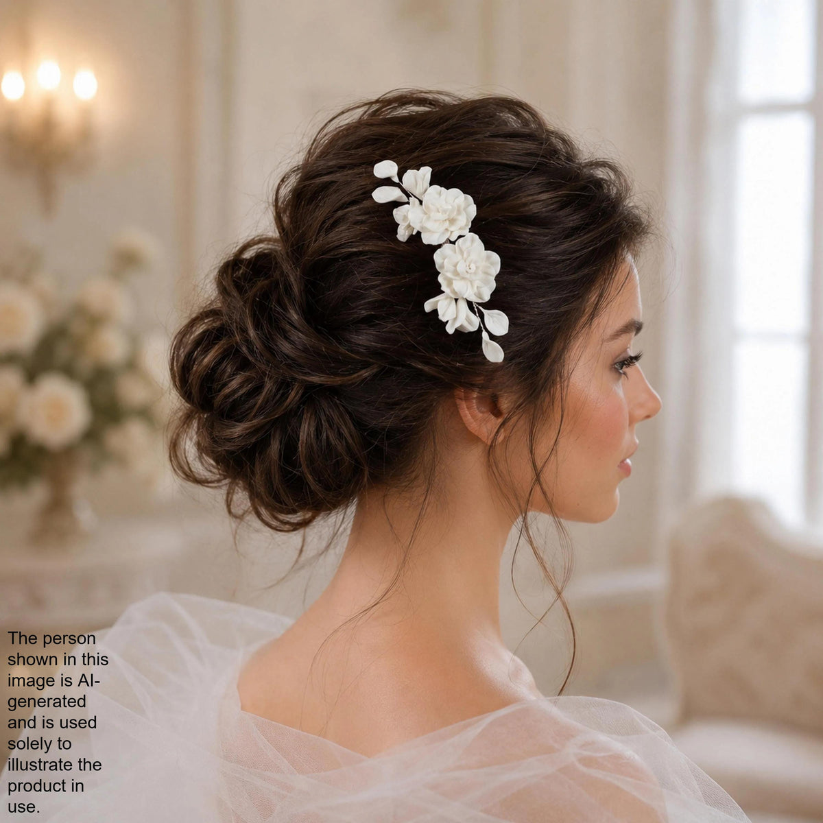 A woman with her hair styled in a bun, wearing a white veil and a flower accessory, is shown in profile.