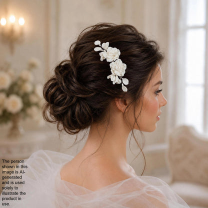A woman with her hair styled in a bun, wearing a white veil and a flower accessory, is shown in profile.