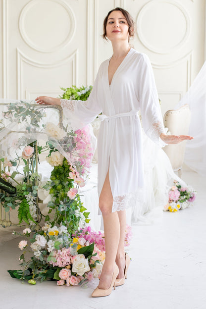 Short Lace Trim Satin Bridal Robe, Elegant Getting Ready Wedding Kimono