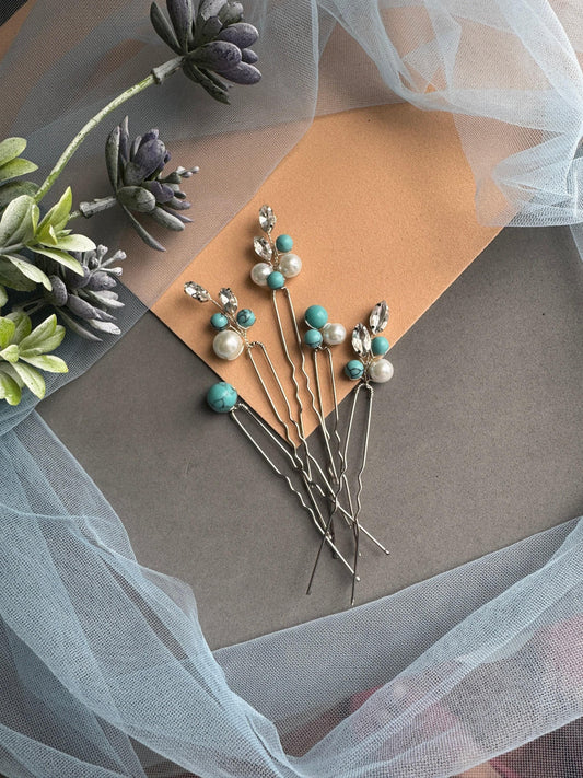 Turquoise Bridal Hair Pins Set of 5, Crystal Pearl Wedding Hairpiece, Blue Bridal Pins