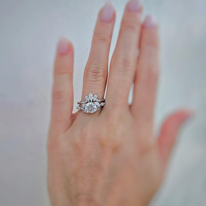 Moissanite Engagement Ring Set: Marquise Crown, Rhodium Plated Silver