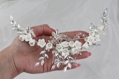 White Porcelain Flower Bridal Comb, Silver Wedding Hair Piece, 6 Inch