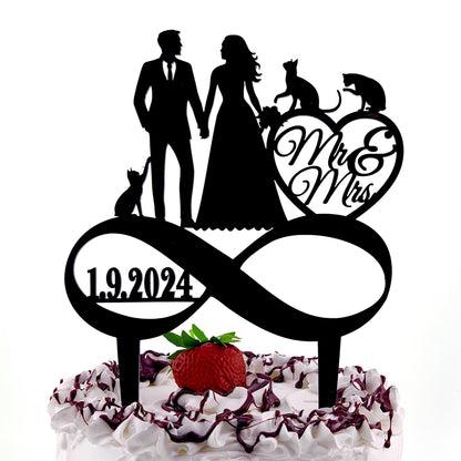 A black silhouette of a bride and groom holding hands, with a heart-shaped cutout in the background displaying the text "Mr & Mrs" and the date "1.9.2024".