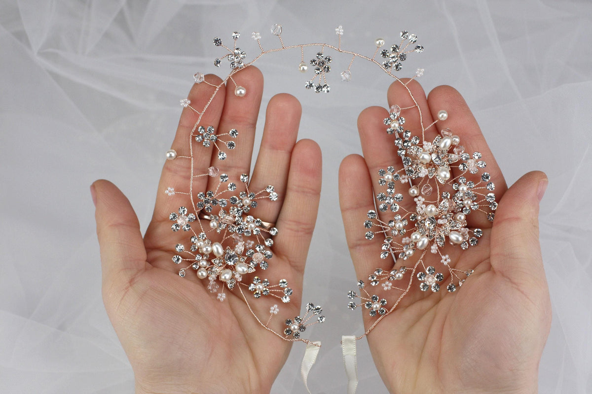 Rose Gold Floral Bridal Hair Vine: Rhinestone Wedding Headpiece