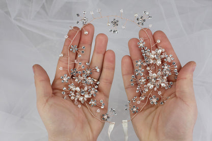Rose Gold Floral Bridal Hair Vine: Rhinestone Wedding Headpiece