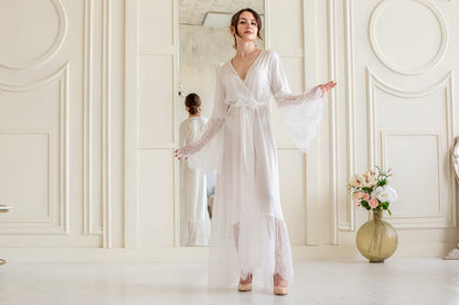 Long White Satin Bridal Robe, Lace Wedding Kimono, Elegant Bride Getting Ready Outfit