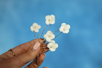 A hand holding a bunch of white flower-shaped hair clips against a blue background.