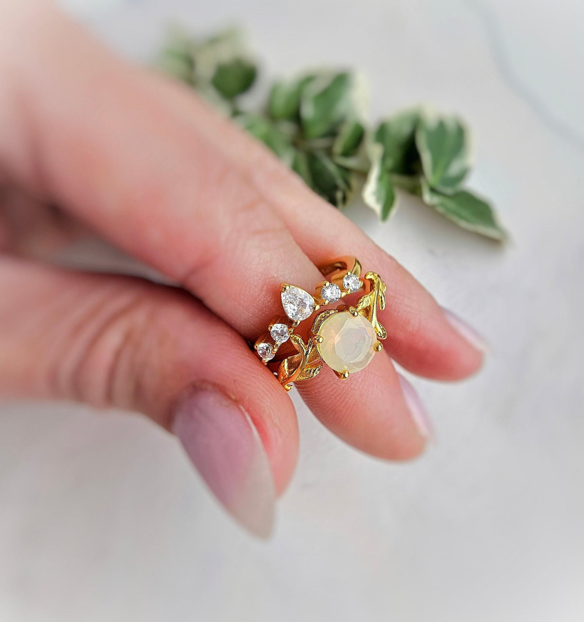 Opal Engagement Ring Set: Gold-Plated Leaf & CZ Wedding Rings