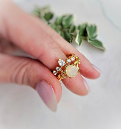 Opal Engagement Ring Set: Gold-Plated Leaf & CZ Wedding Rings