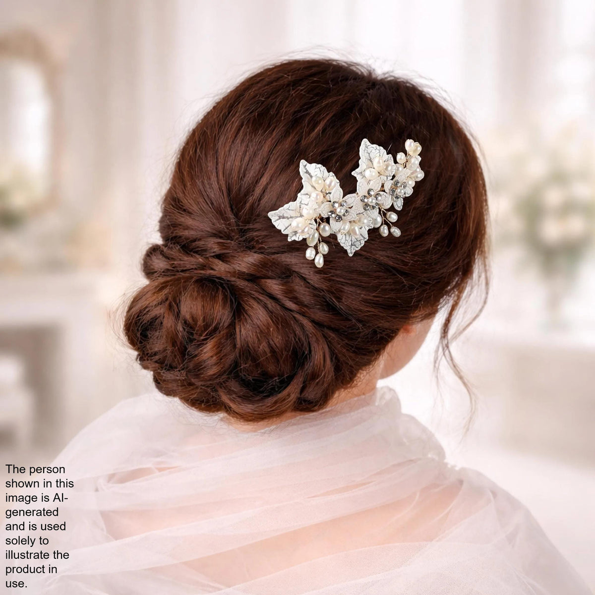 a woman's back view with her hair styled in a bun, wearing a decorative hair accessory with white flowers.