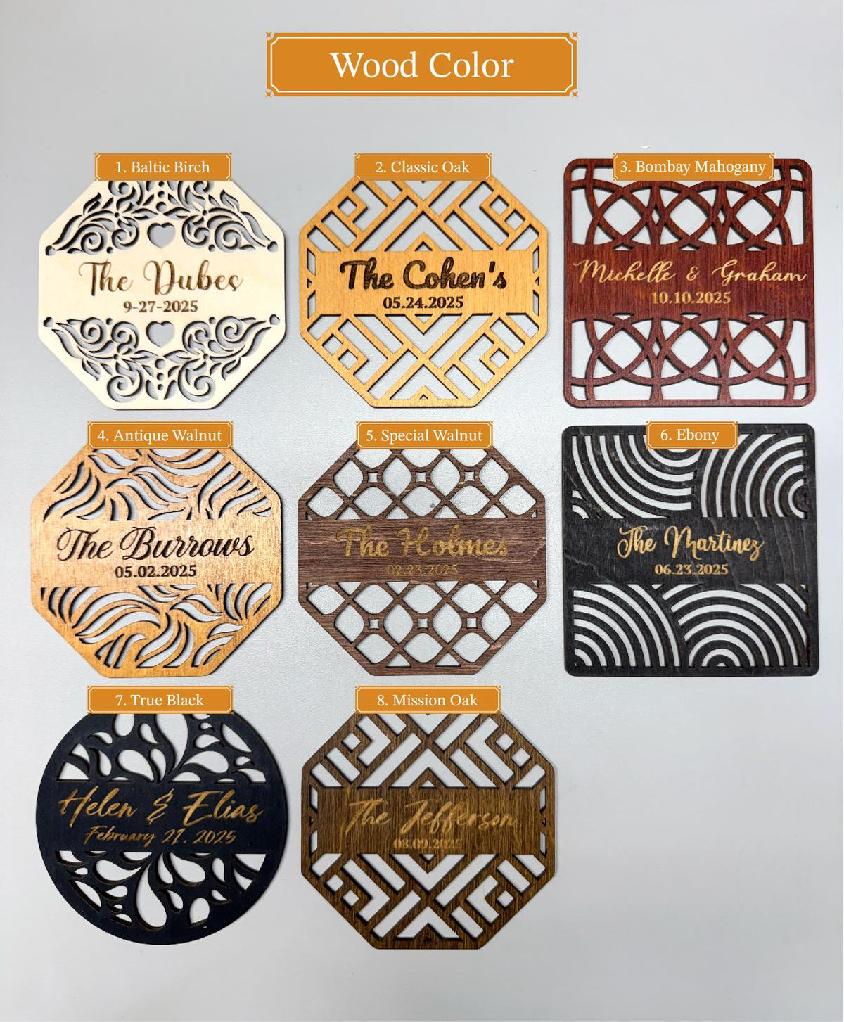 a group of wooden coasters with different designs