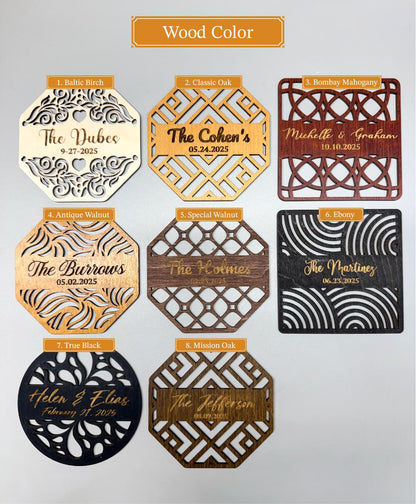 a group of wooden coasters with different designs