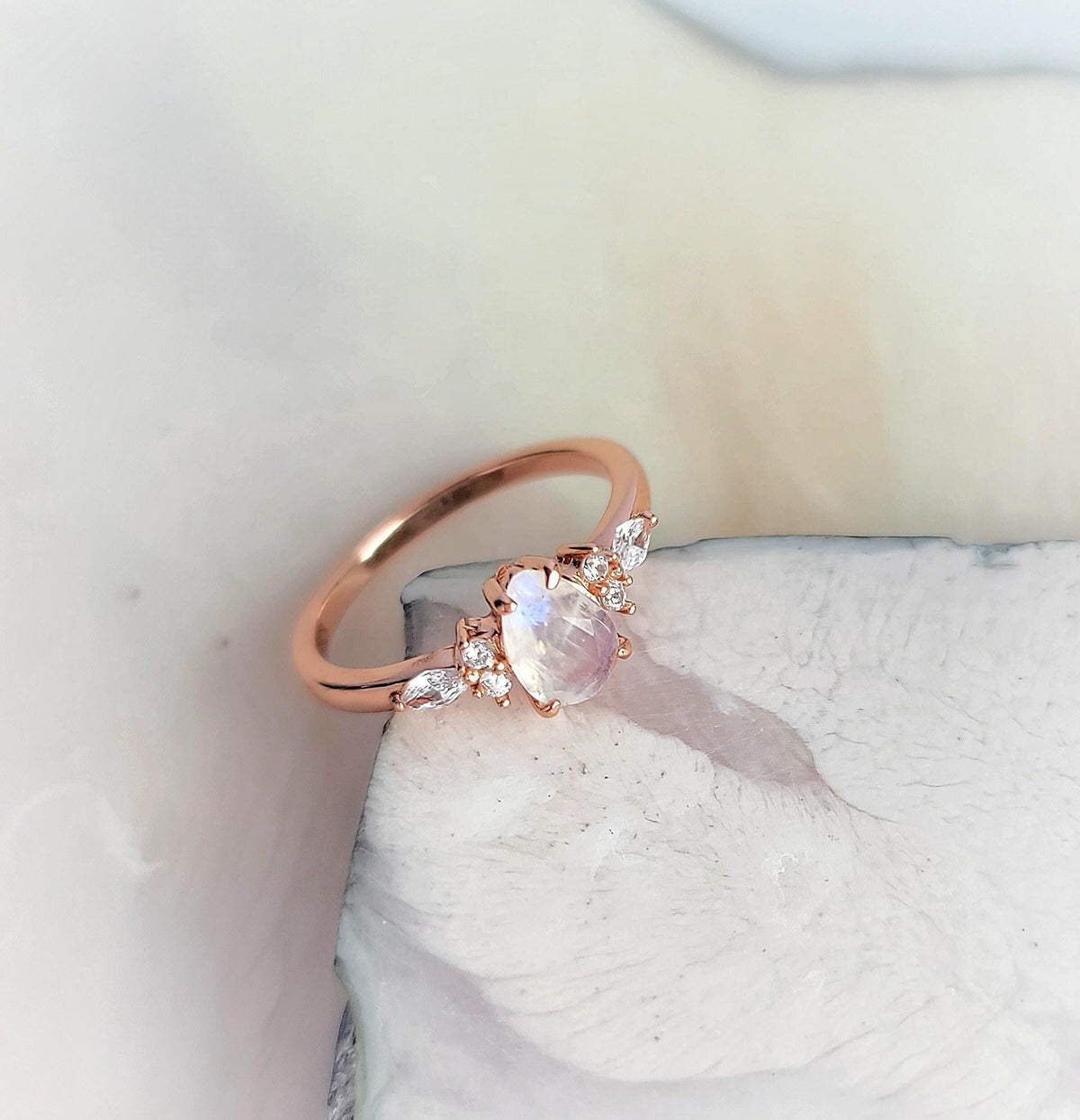 Rose Gold Plated Moonstone Ring: Sterling Silver Bridal Jewelry