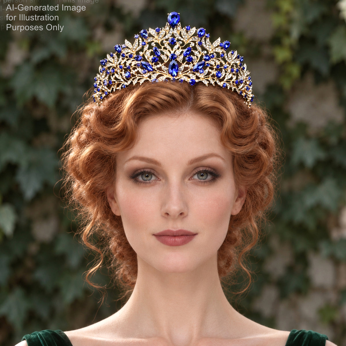 A woman with curly red hair wearing a large, ornate tiara with blue gemstones.