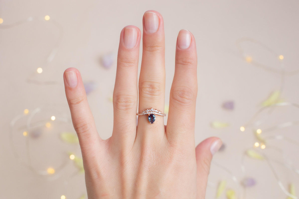 Teardrop Alexandrite Engagement Ring: Rose Gold Plated Sterling Silver