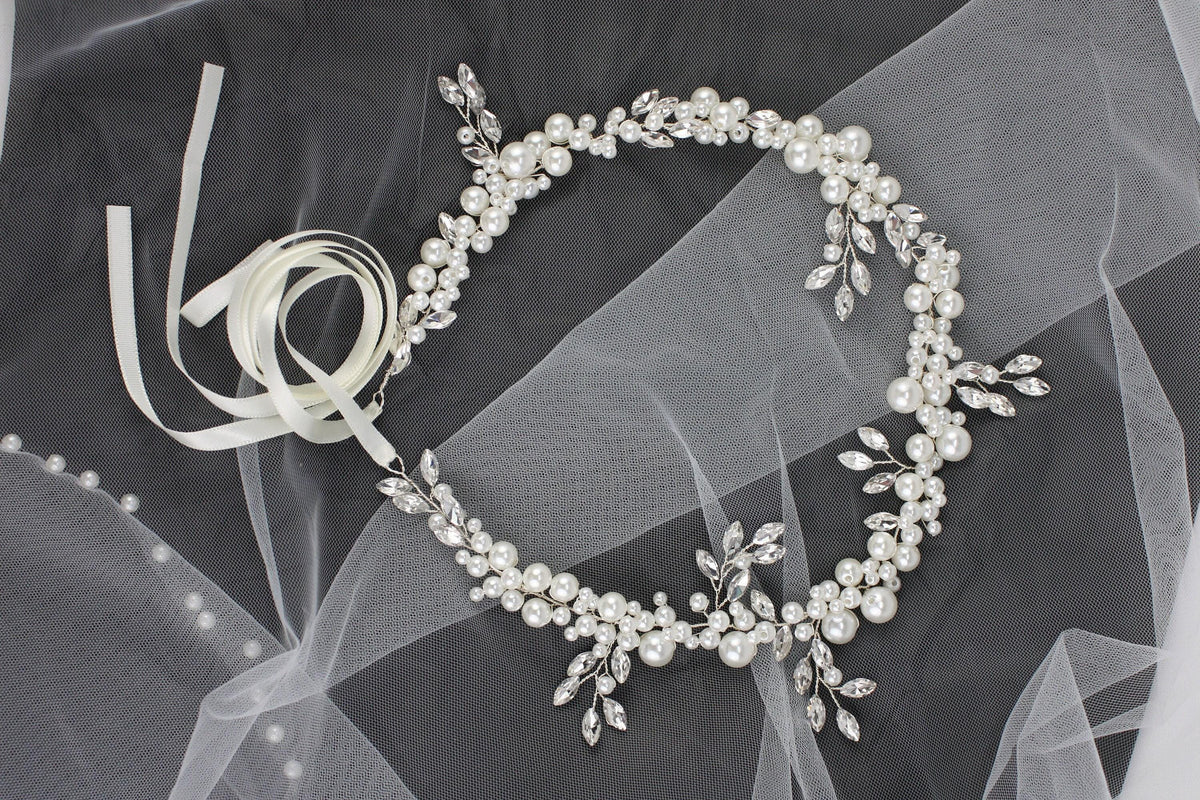 Handmade Pearl Bridal Hair Vine: Silver Floral Wedding Hairpiece