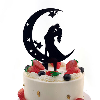 Moon and Stars Wedding Cake Topper: Bride and Groom Silhouette